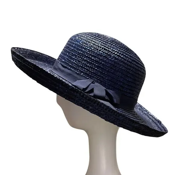 1980s Unbranded Navy Straw Sun Hat Vintage - Picture 4 of 5